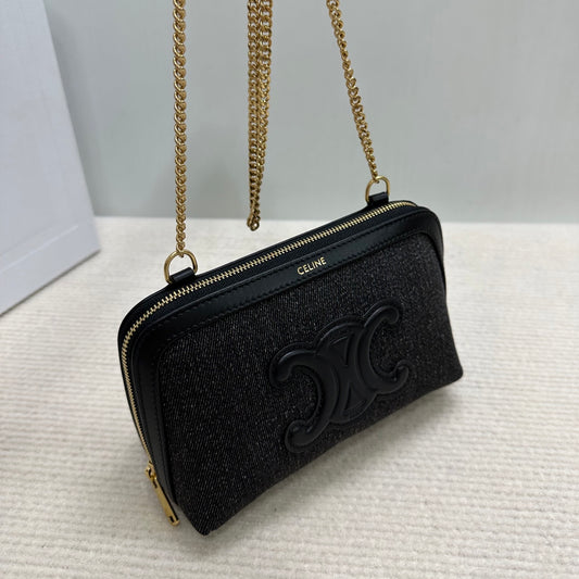賽C家-牛仔刺繡 貝殼鍊條包