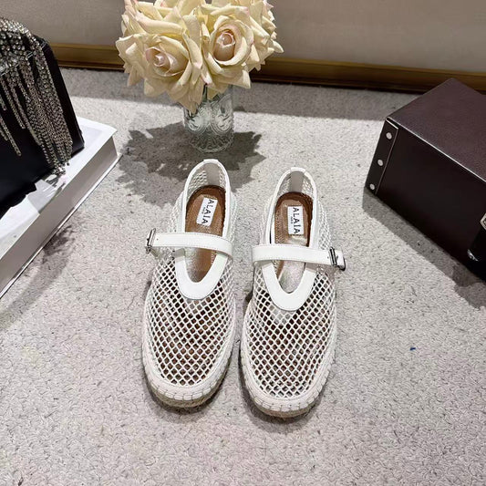 Ala-260707漁網一字扣帶厚底漁夫鞋 白色