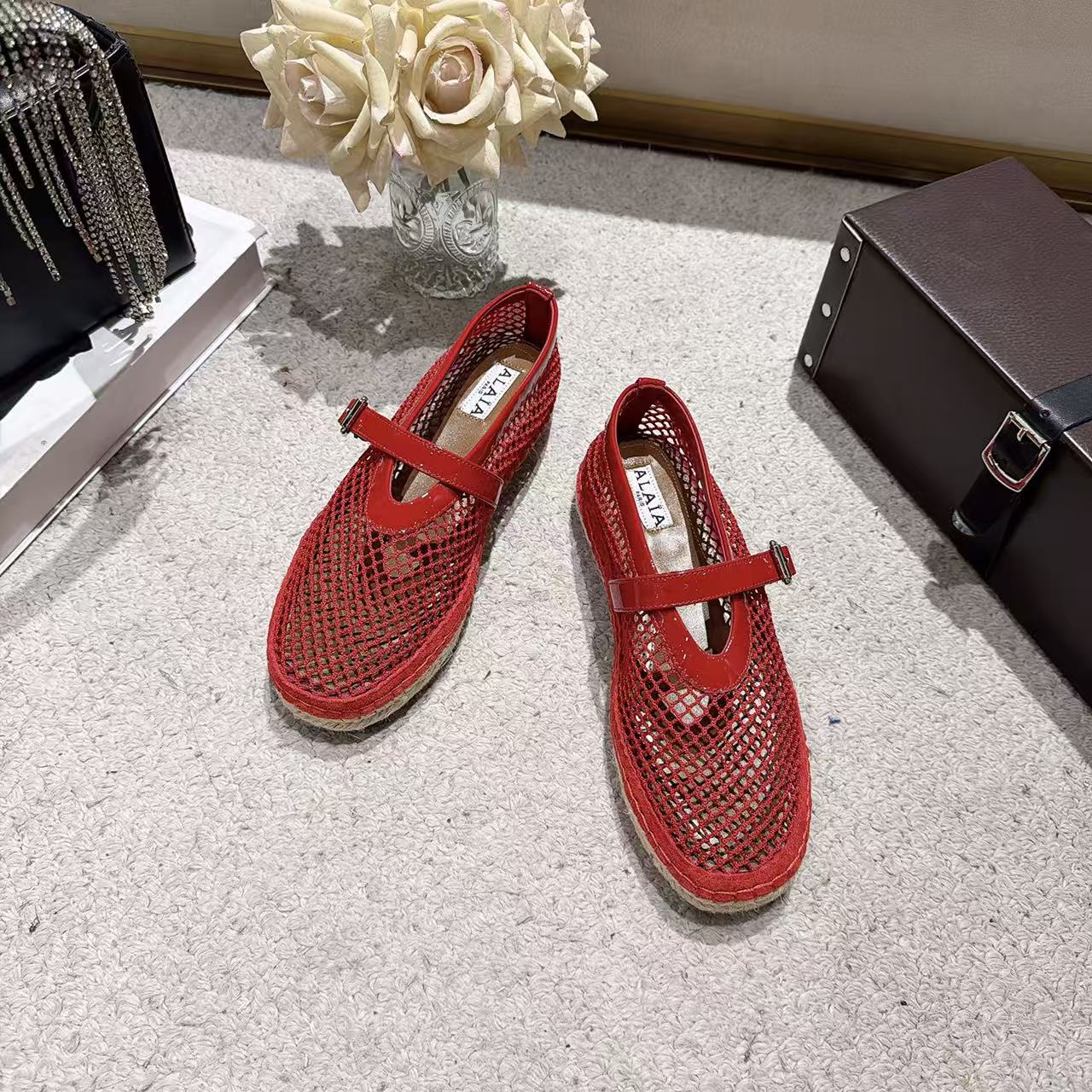 Ala-260707漁網一字扣帶厚底漁夫鞋 紅色