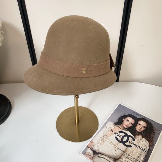 小香家-蝴蝶結毛盆帽 法式浪漫赫本風-駝色