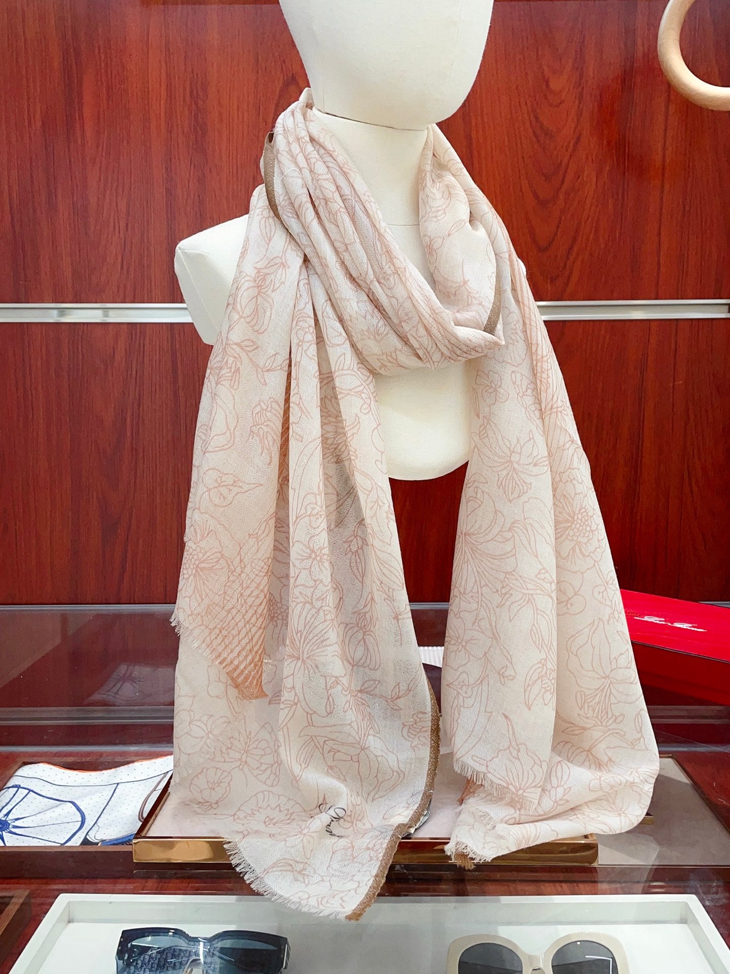 L-Piana-花朵條邊長巾 200*100cm  純格紋羊絨