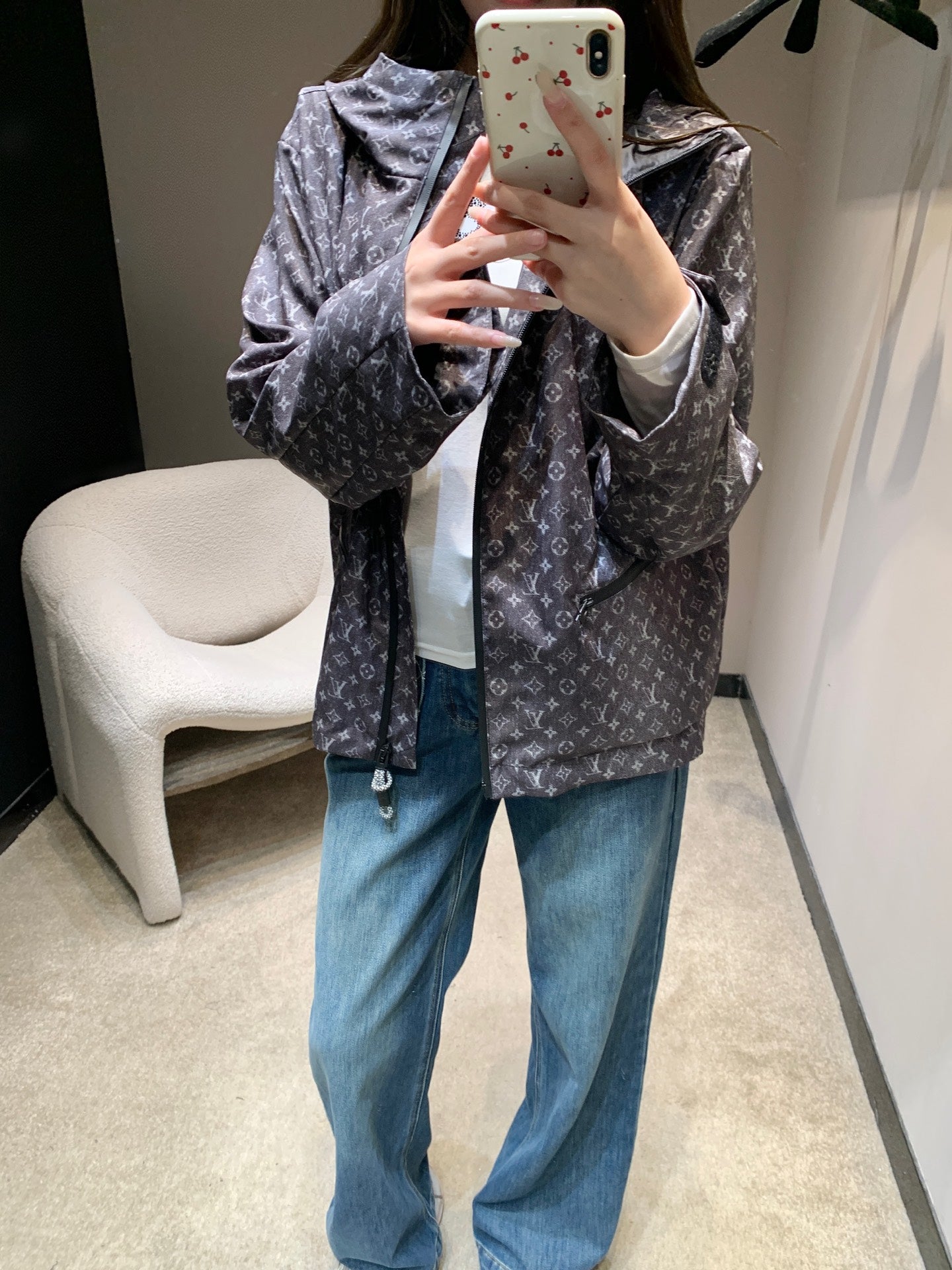 路L家-26新款老花印花連帽風衣外套 灰色