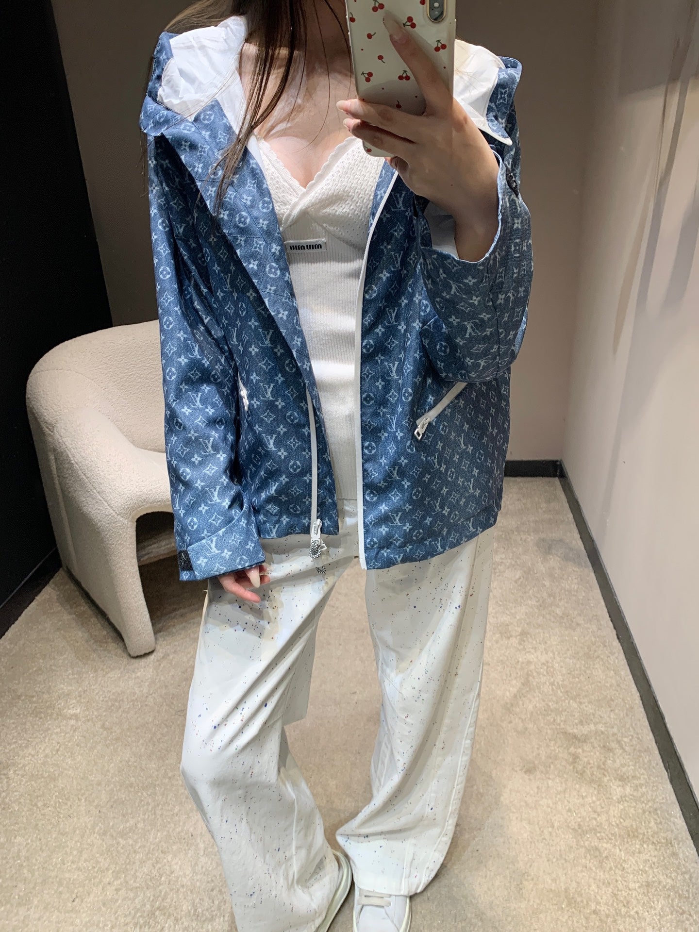 路L家-26新款老花印花連帽風衣外套 藍色