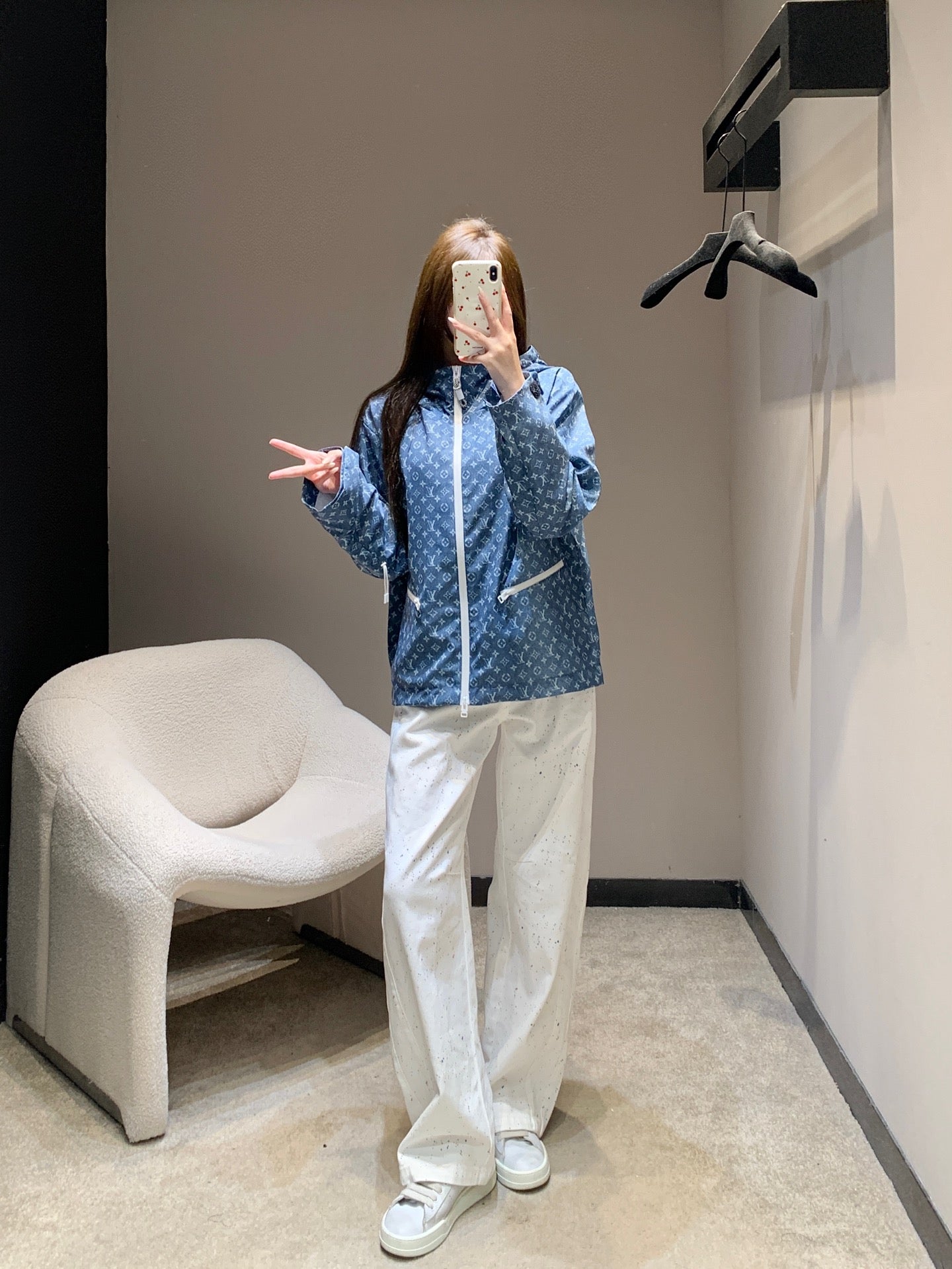 路L家-26新款老花印花連帽風衣外套 藍色