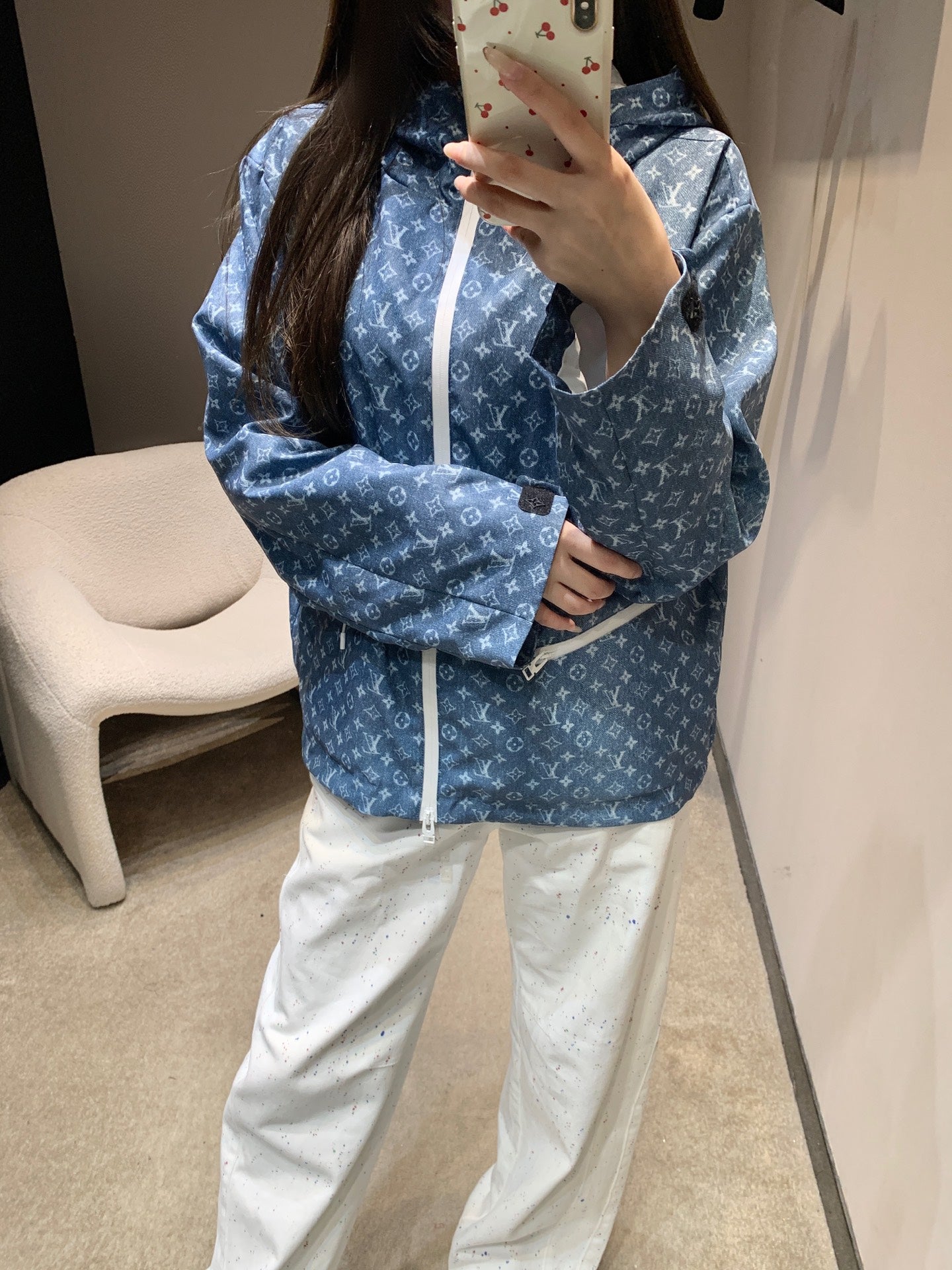 路L家-26新款老花印花連帽風衣外套 藍色