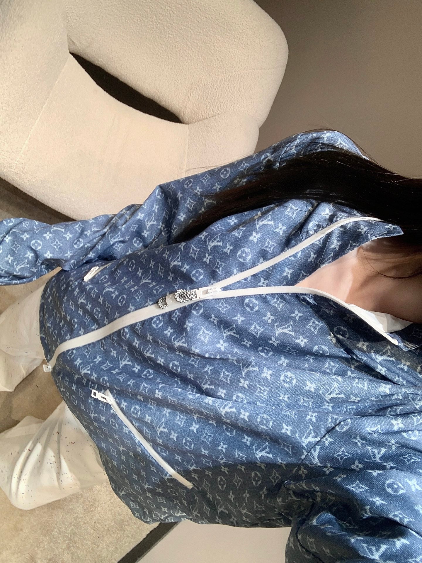 路L家-26新款老花印花連帽風衣外套 藍色