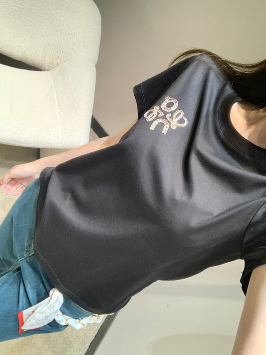 羅L家- 26Ss早春新款logo刺繡圓領短袖T 黑