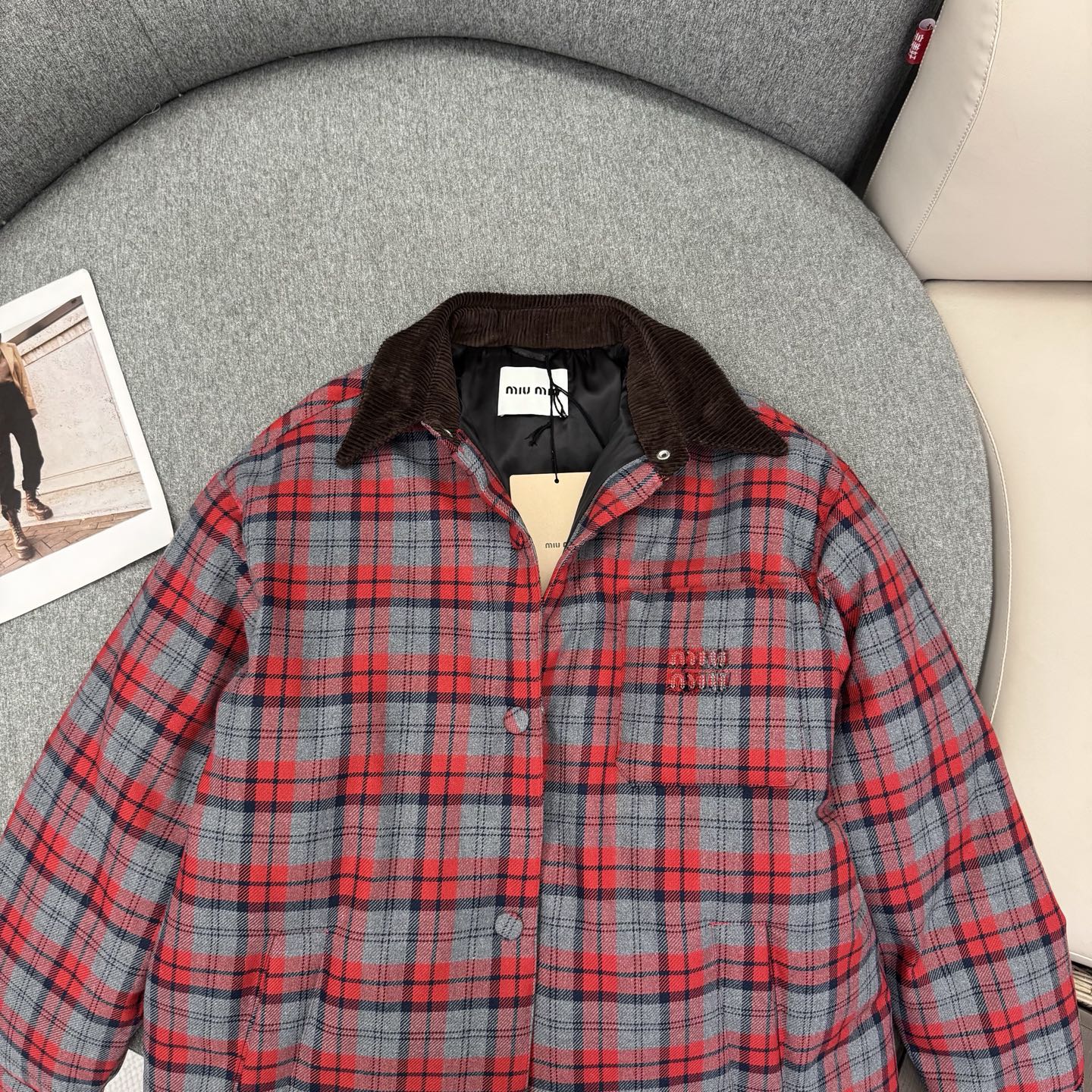 穆M家-紅灰格紋羽絨棉服外套