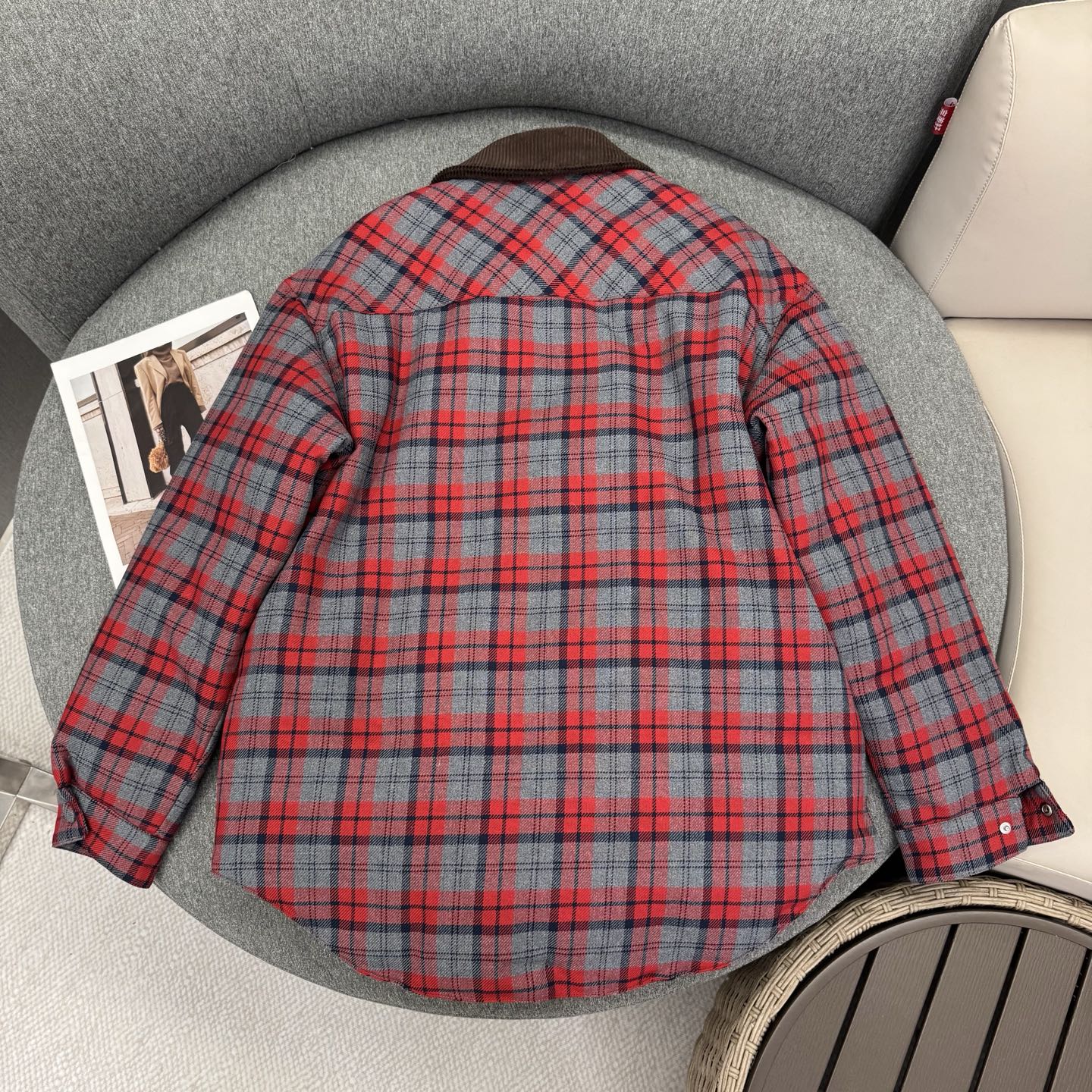 穆M家-紅灰格紋羽絨棉服外套