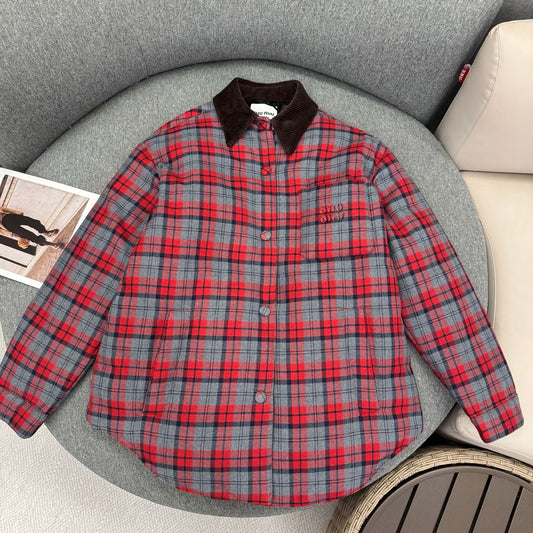 穆M家-紅灰格紋羽絨棉服外套