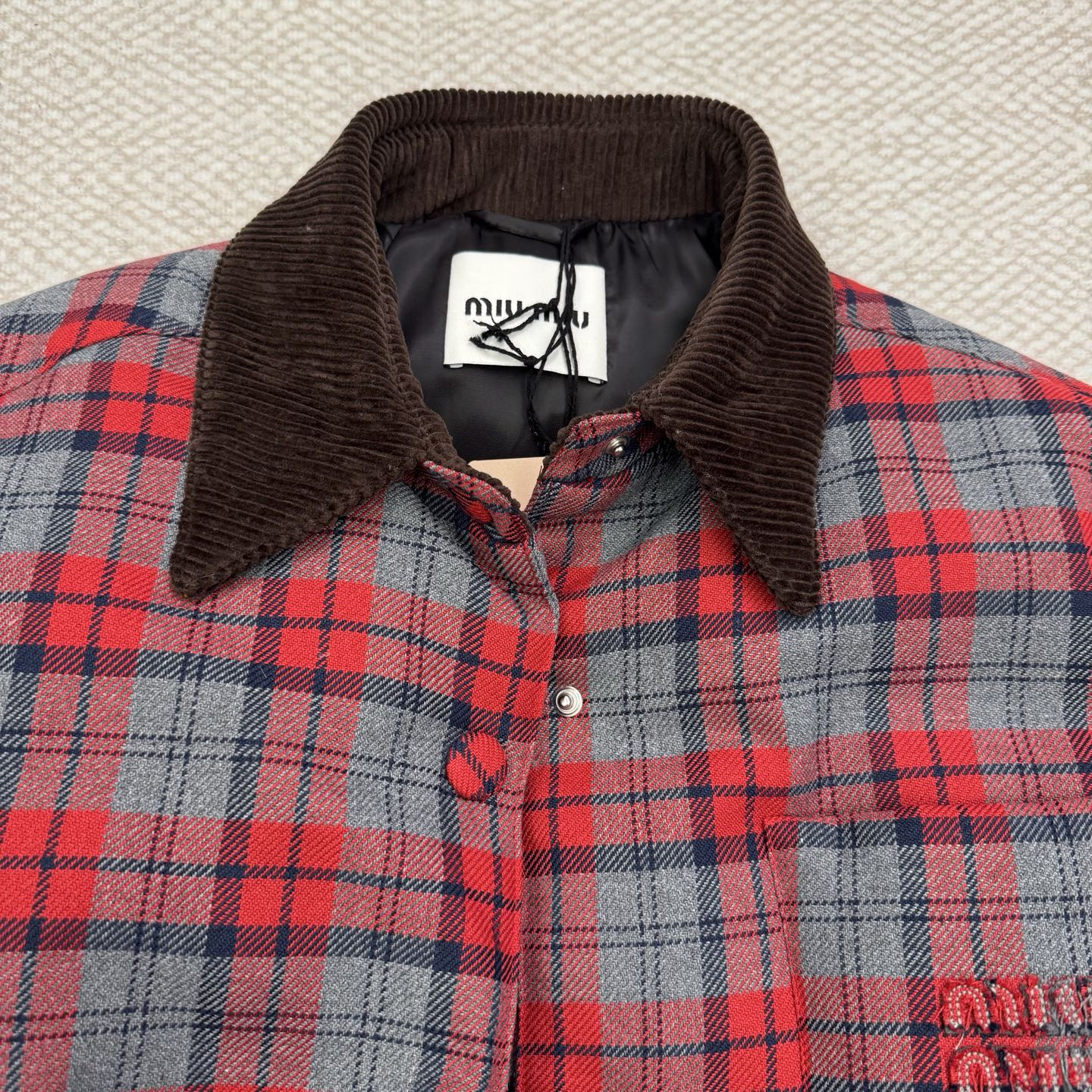 穆M家-紅灰格紋羽絨棉服外套