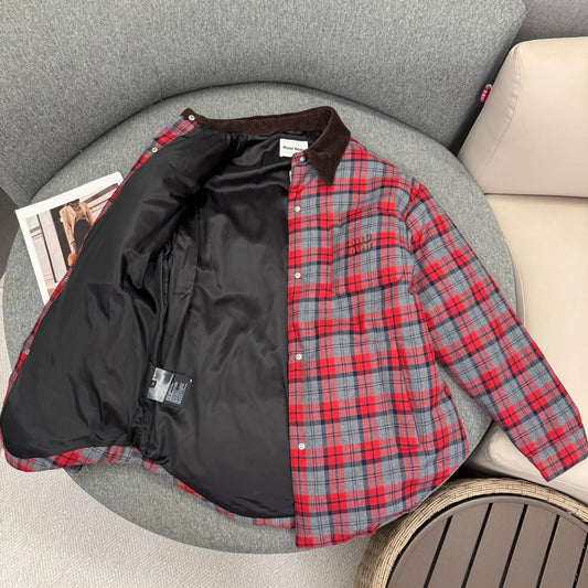 穆M家-紅灰格紋羽絨棉服外套