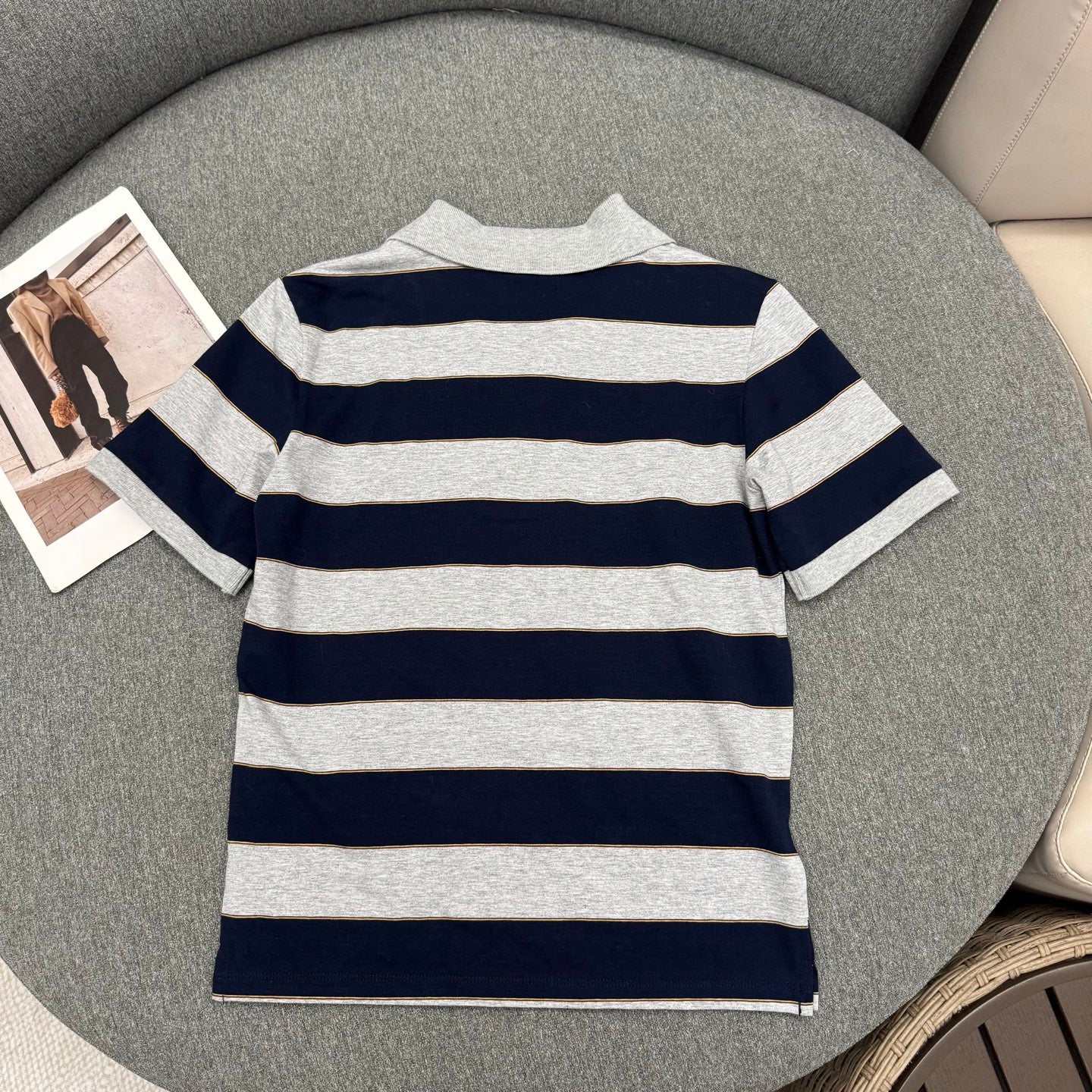 穆M家-灰藍條紋學院風Polo T