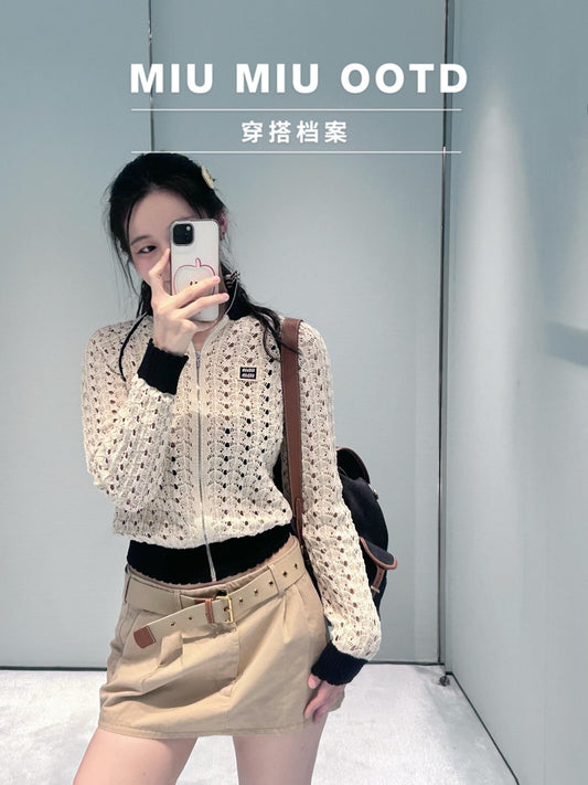 穆M家-26春夏米色扇形鏤空鉤針拉鍊針織開襟衫