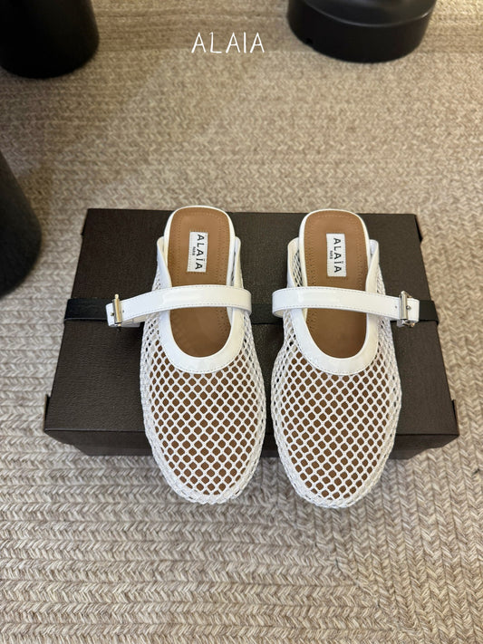 Ala-260707無鑽漁網半拖鞋 白色