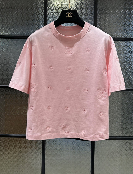 小香家-26春夏系列鏤空刺繡短T 粉色