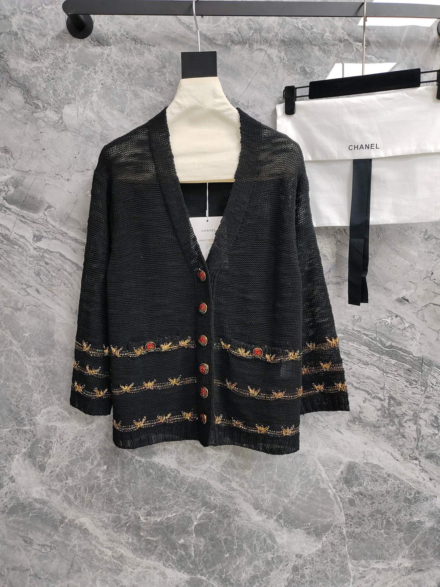 小香家-金線刺繡V領針織開襟衫