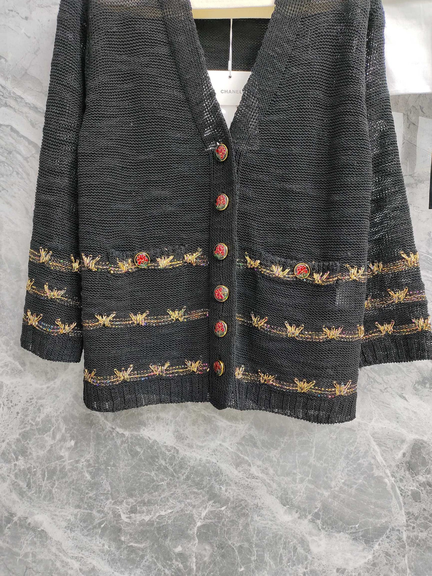 小香家-金線刺繡V領針織開襟衫