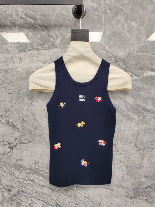 穆M家-𝟐𝟔𝐏 刺繡拼色無袖上衣背心 深藍