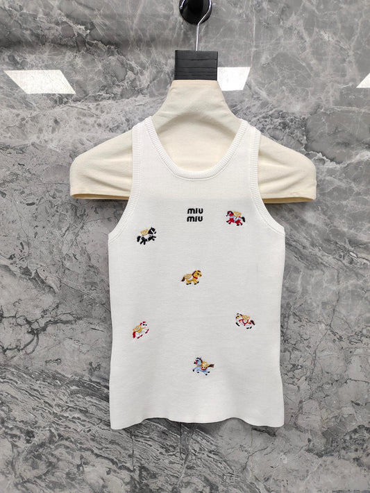 穆M家-𝟐𝟔𝐏 刺繡拼色無袖上衣背心 白色