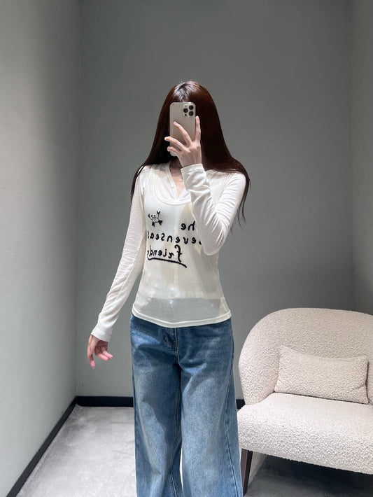小香家-刺繡假兩件長袖T 白色