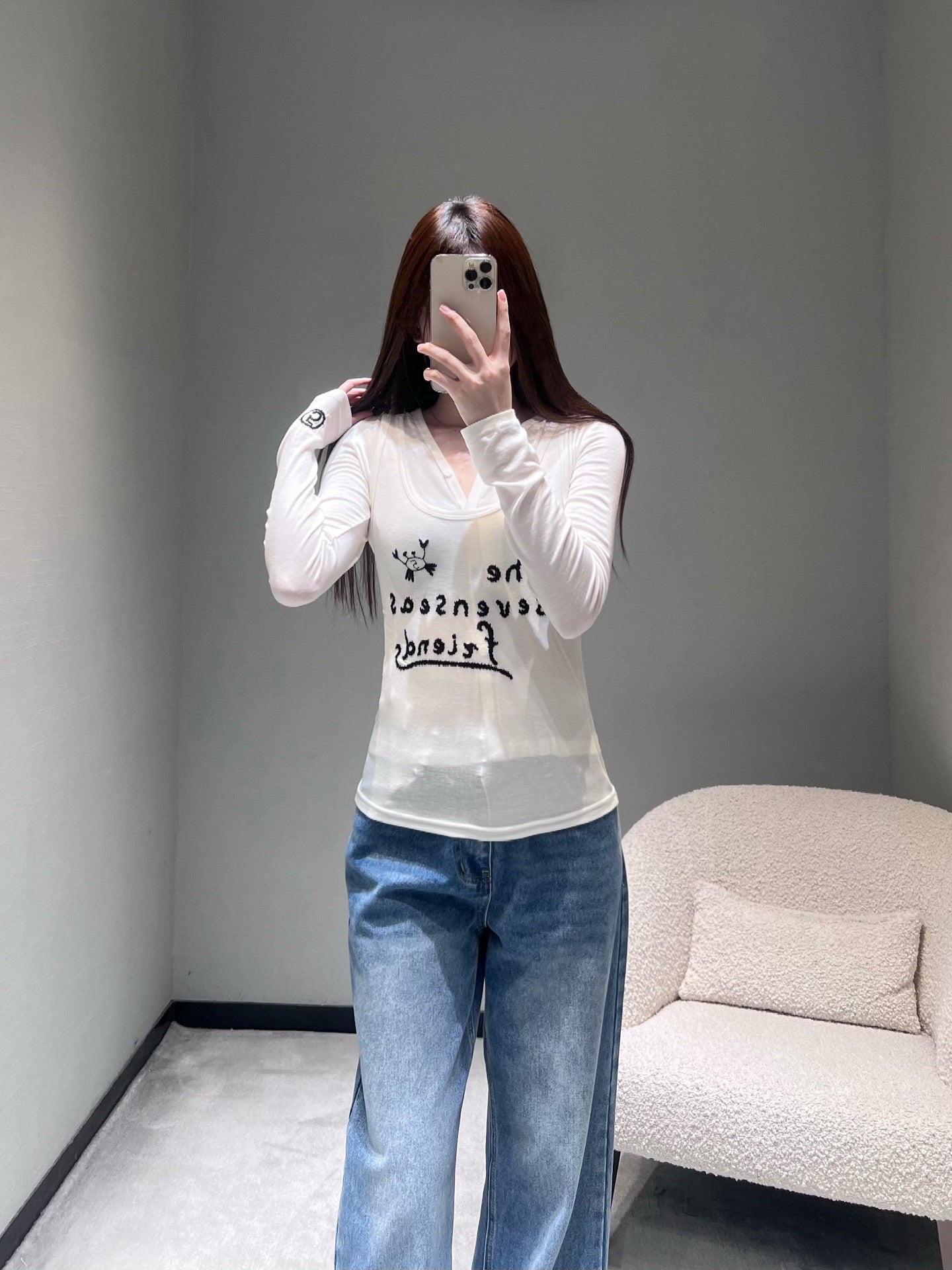 小香家-刺繡假兩件長袖T 白色