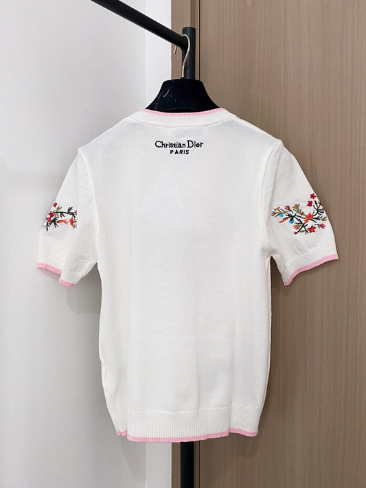 迪D家-愛心刺繡花卉針織短袖 白色