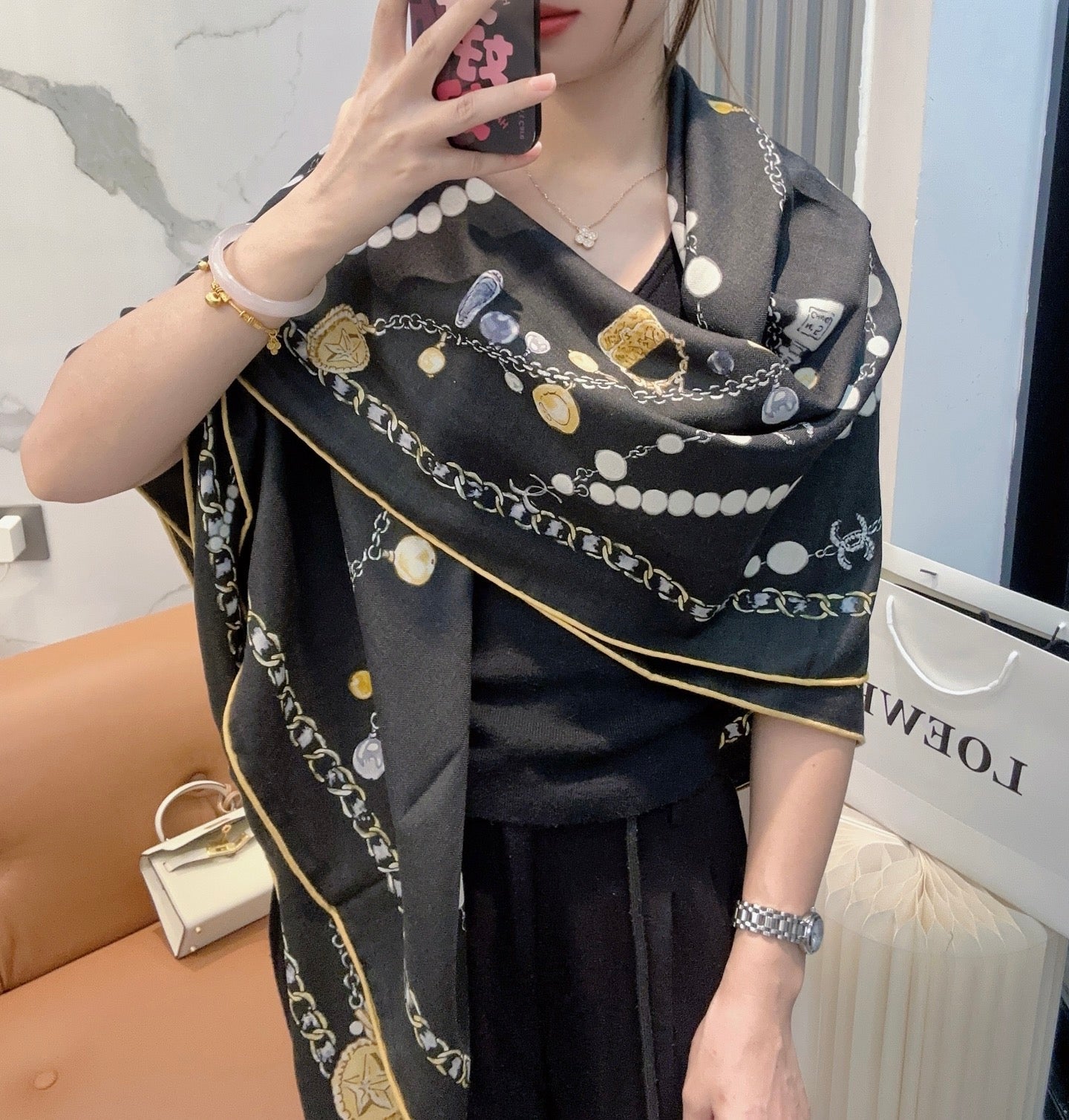 小香家-珍珠項鍊 140*140 真絲羊絨工藝方巾