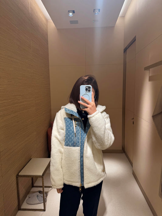 路L家- Ski滑雪系列白色泰迪拼藍牛仔連帽夾克