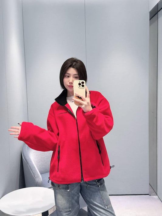 穆M家-紅色微標刺繡搖粒絨立領拉鍊外套