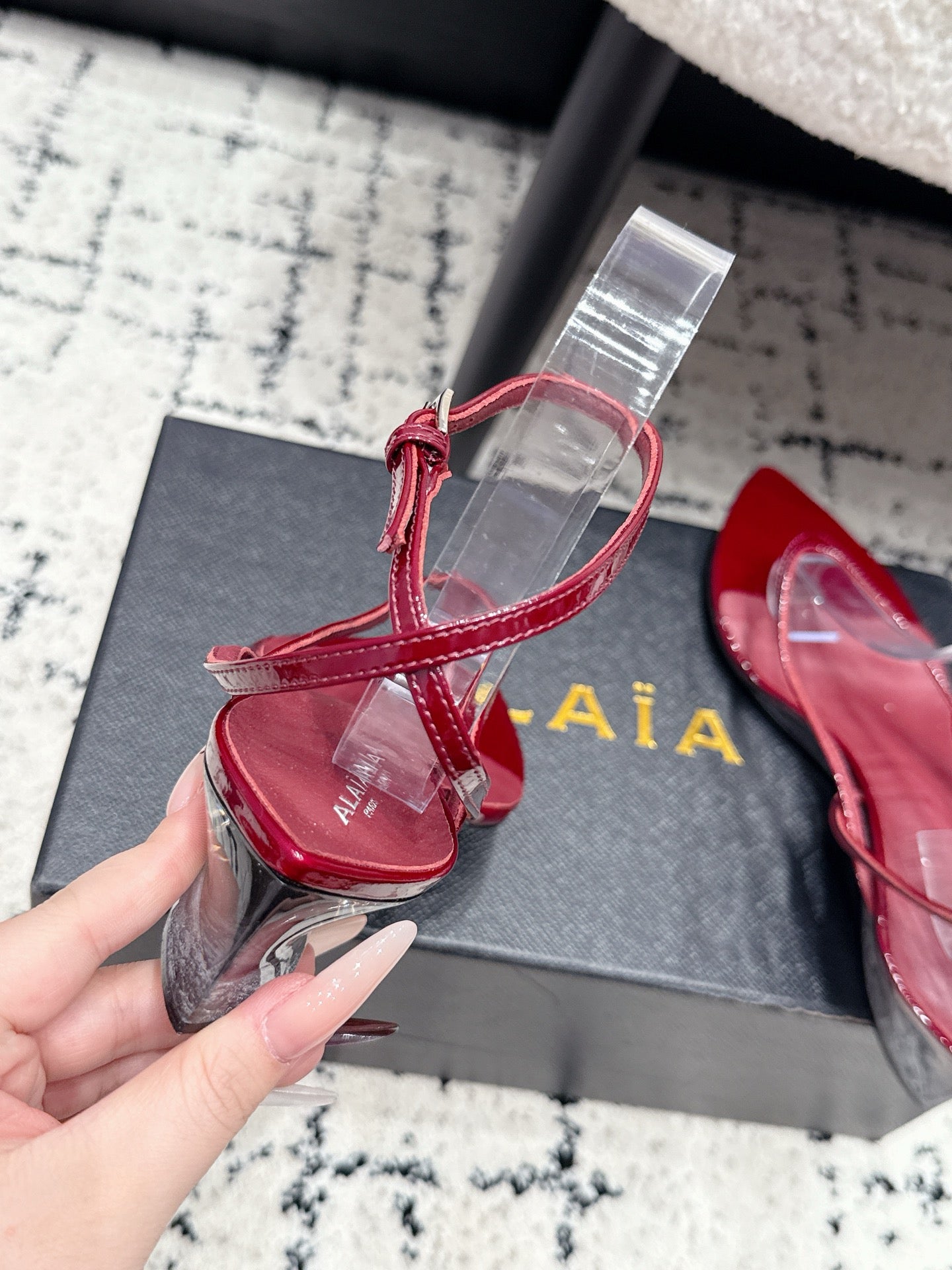Ala-260703尖頭水晶涼鞋 酒紅