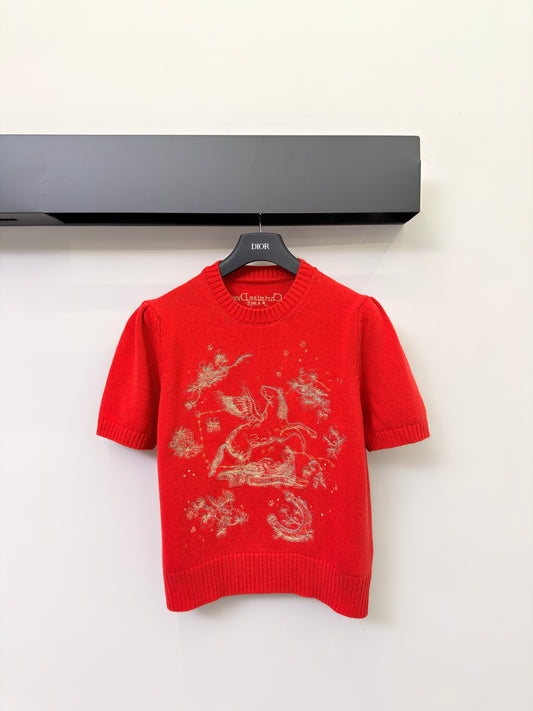 迪D家-羊絨金色展翅飛馬圖案短袖 紅色