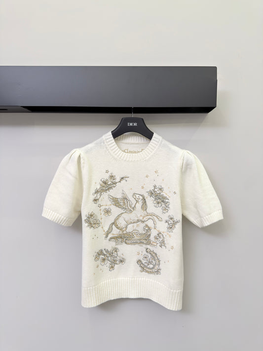 迪D家-羊絨金色展翅飛馬圖案短袖 白色