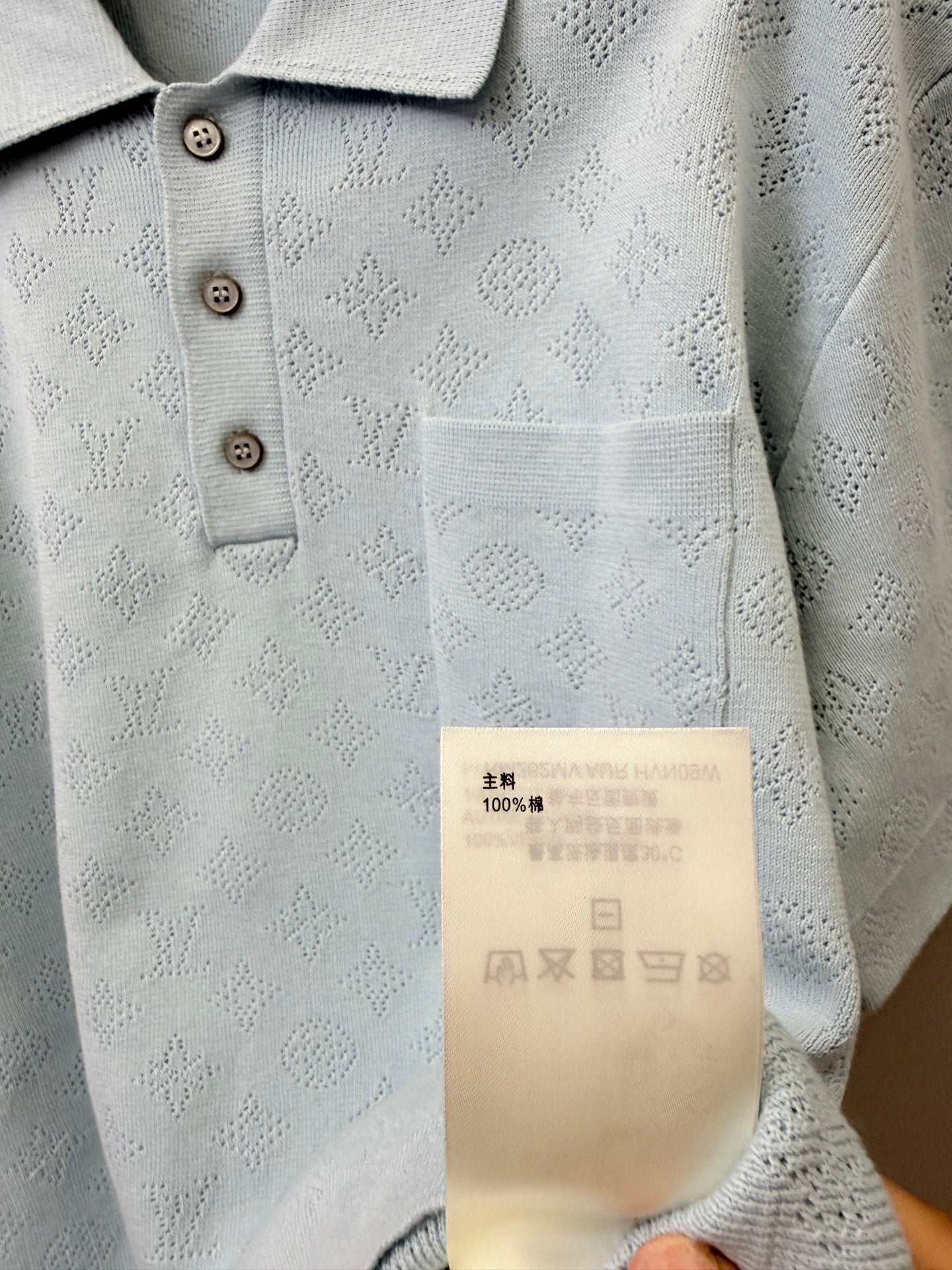 路L家-老花圖案棉質透氣polo衫 水藍