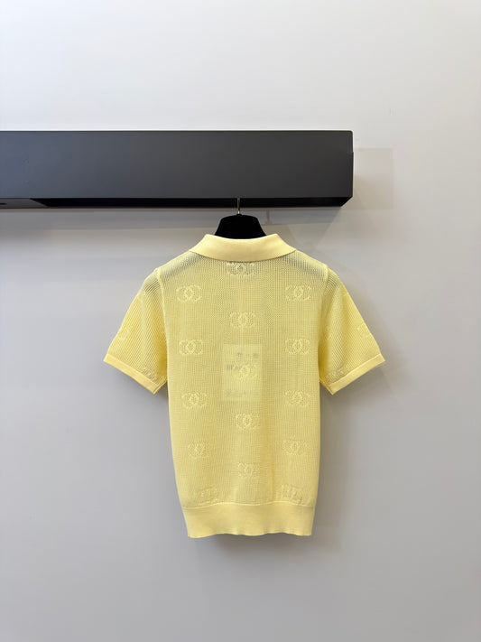 小香家-薄款鏤空滿身CC刺繡polo領針織短袖