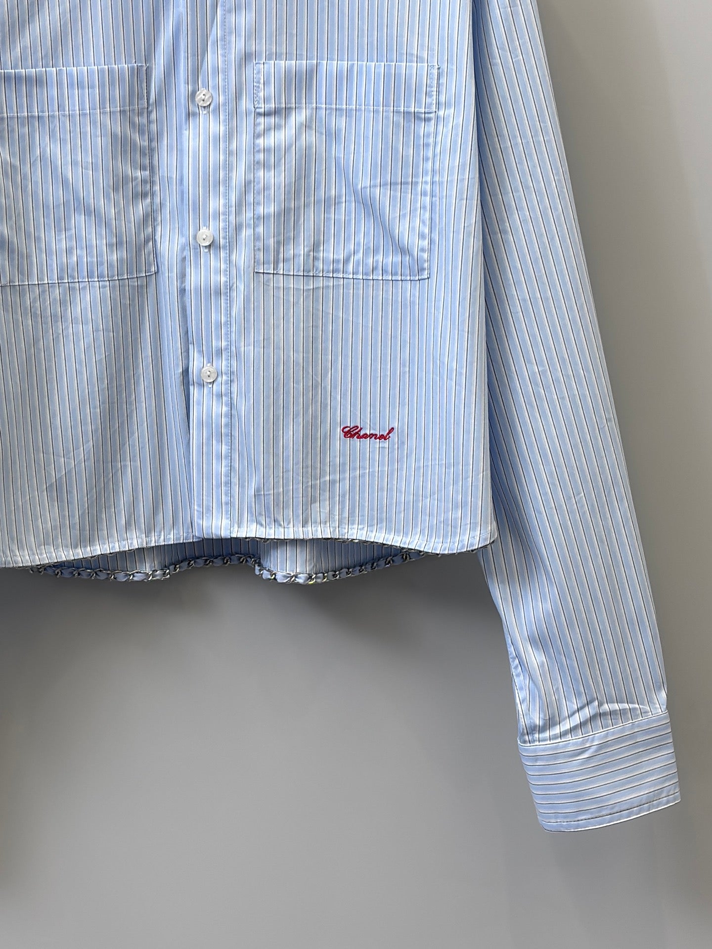 小香家-藍條紋刺繡箱型短襯衫