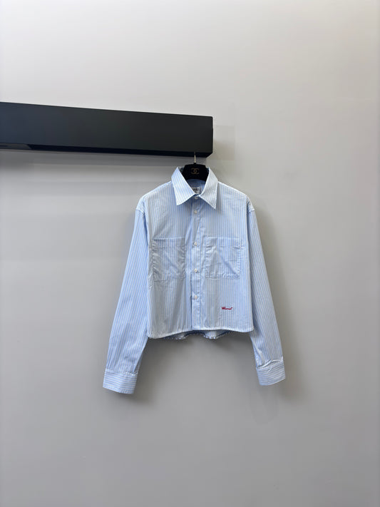 小香家-藍條紋刺繡箱型短襯衫