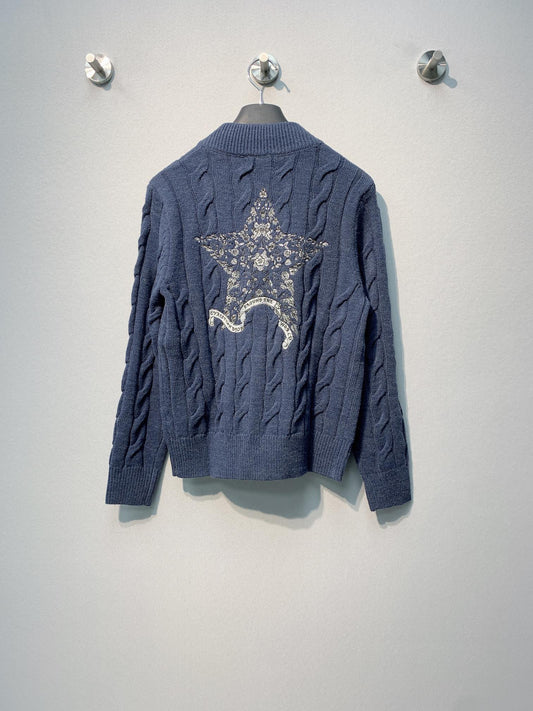 迪D家-圓領雙拉鍊刺繡針織毛衣 藍色
