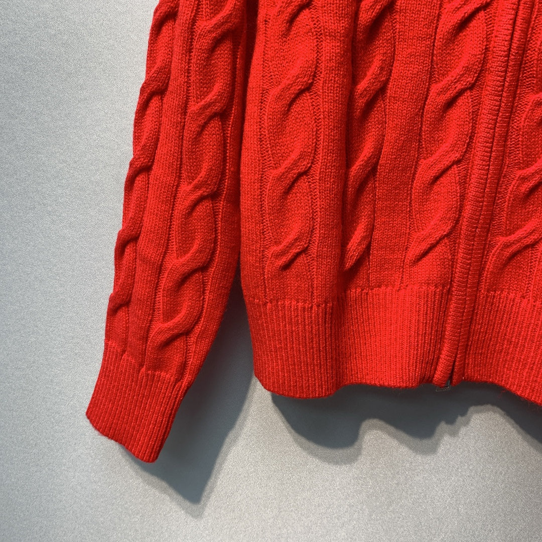迪D家-圓領雙拉鍊刺繡針織毛衣 紅色