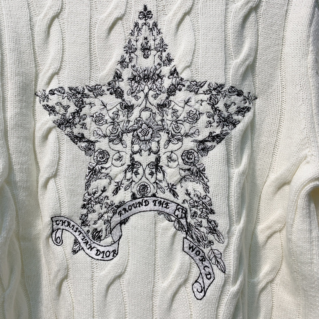 迪D家-圓領雙拉鍊刺繡針織毛衣 白色