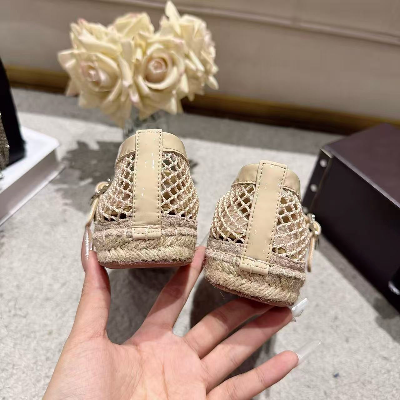 Ala-260707漁網一字扣帶厚底漁夫鞋 米色