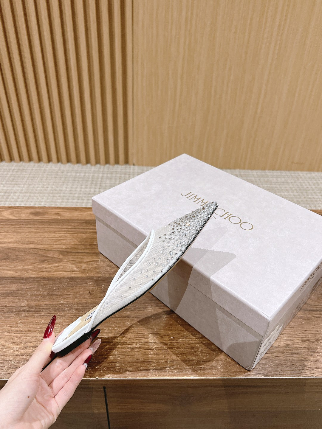 JC傑米-貼鑽網紗尖頭拖鞋 白色