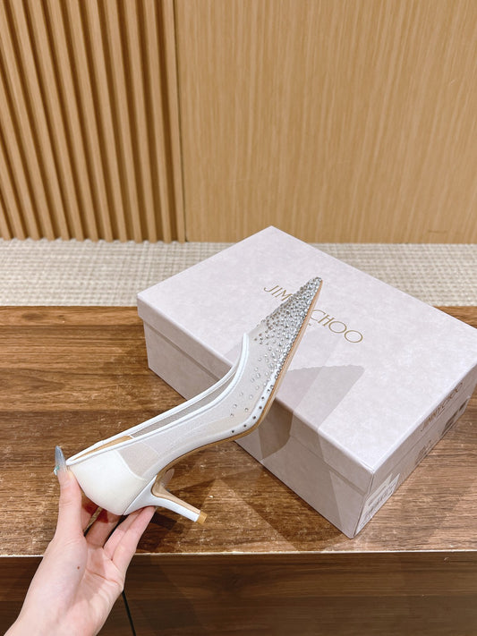 JC傑米-施華洛世奇亮鑽 網紗尖頭高跟鞋 白色