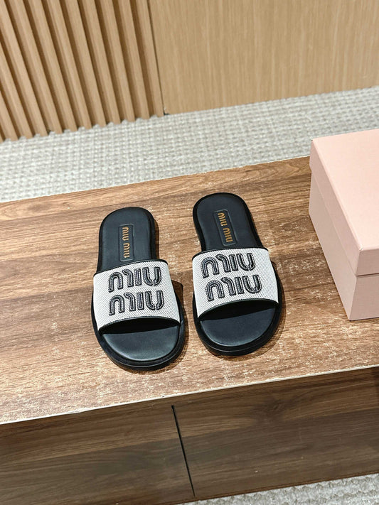 穆M家-編織皮質Logo拖 灰色