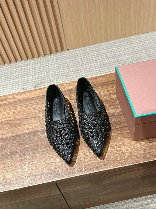 L-Piana-2025春夏新款 牛皮手工編織鏤空樂福鞋 黑色