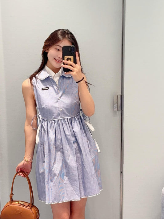 穆M家-26Ss春夏新款翻領格紋束腰無袖連身裙