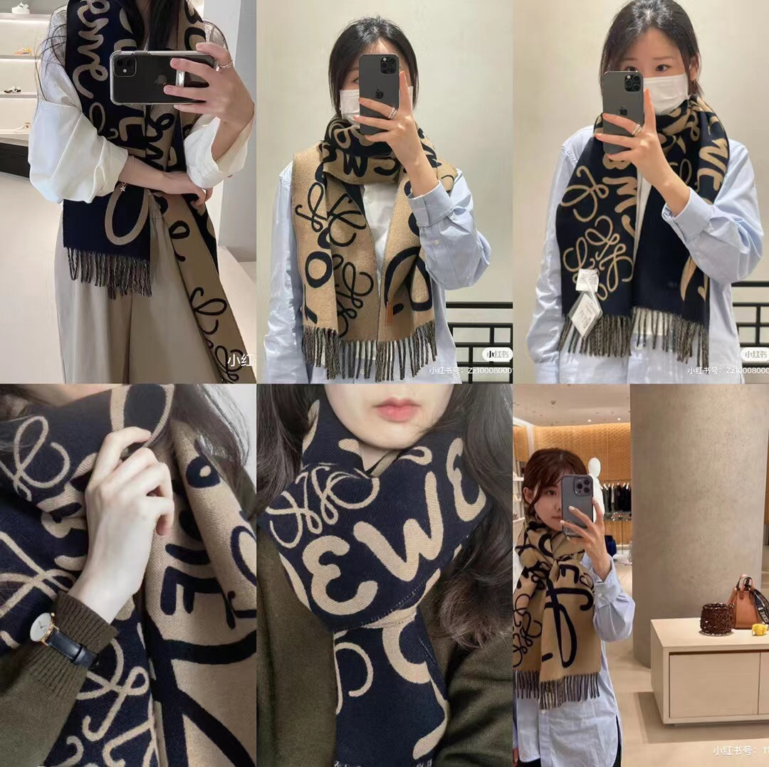 羅L家-羅字母塗鴉圍巾 30*180cm 90%羊毛10%羊絨