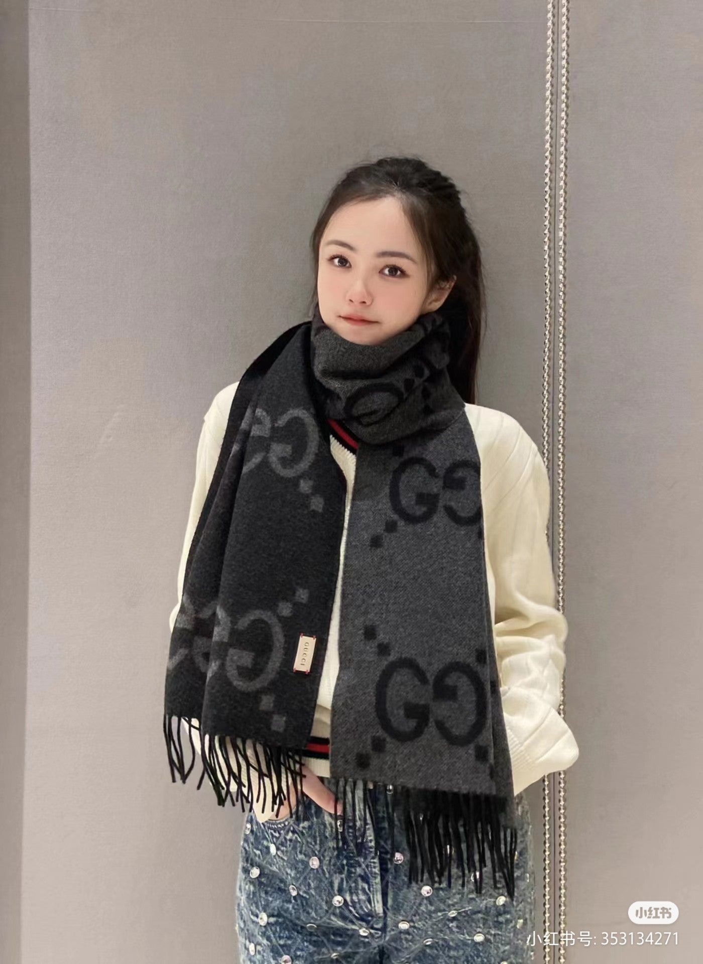 古G家-經典雙大g 45*200cm 雙面提花流蘇圍巾