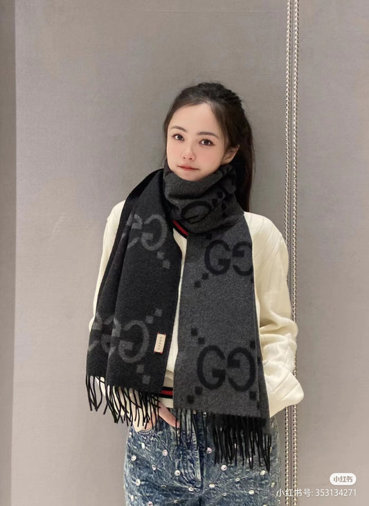 古G家-經典雙大g 45*200cm 雙面提花流蘇圍巾