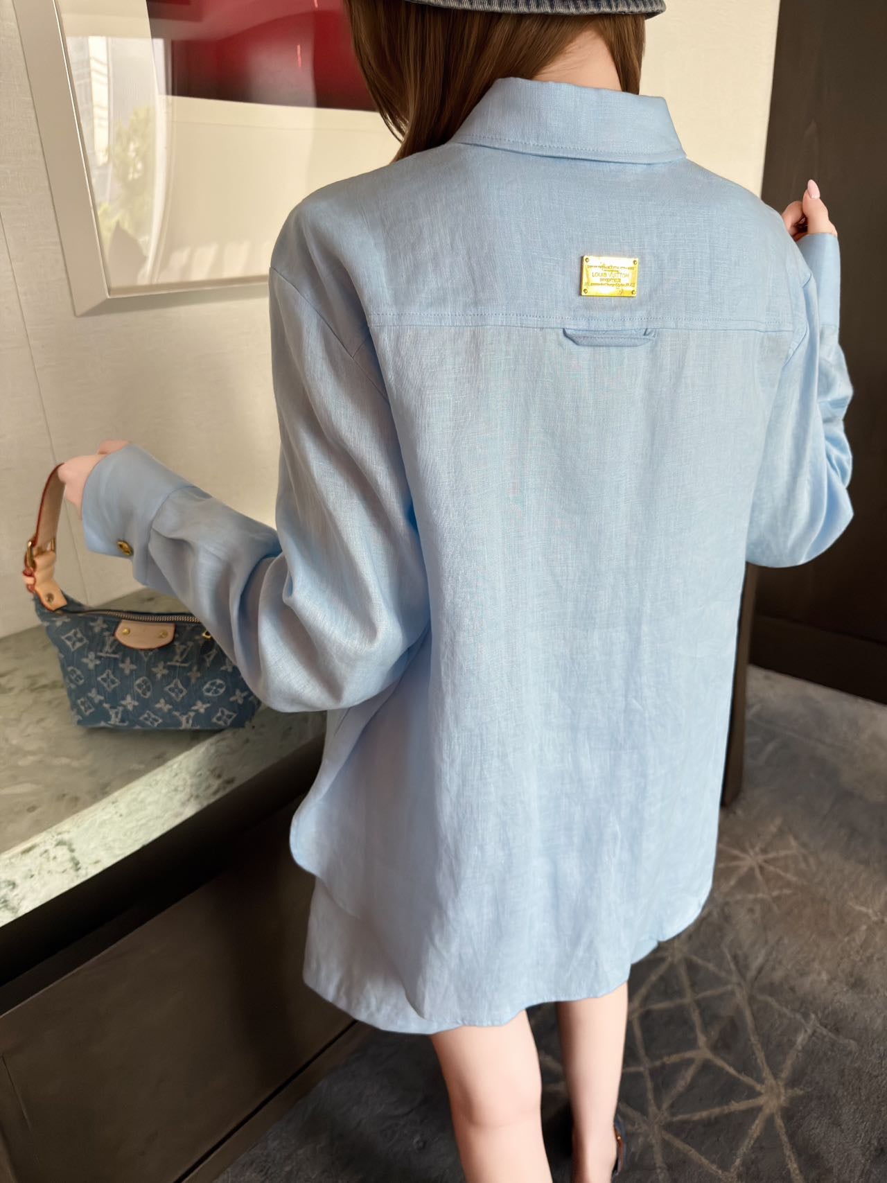 路L家-春夏亞麻刺繡長袖襯衫短褲套裝 藍色